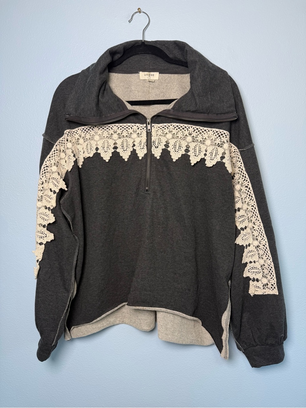 Umgee Dark Gray Pullover with Cream Lace Trim